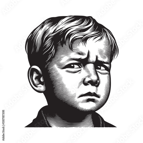 Youngster,s curious gaze rendered in intricate black and white woodcut drawing