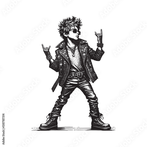 Young rocker in star-studded leather jacket unleashing the metal sign attitude