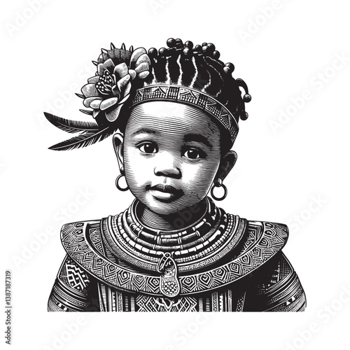 Zulu heritage girl adorned in traditional regalia intricate woodcut art style
