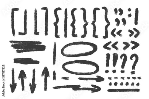 Check marks, arrow emphasis doodle set. Charcoal underlines, quotation marks, brackets and signs. Scribble sketch pencil emphasis note highlights. Vector hand drawn illustration on white background.
