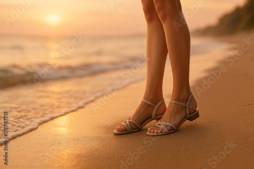 Elegant Sandals Resting on Warm Beach Sand During Sunset