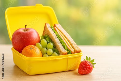 Healthy Lunch Box With Sandwich and Fresh Fruits on Table in Sunny Kitchen