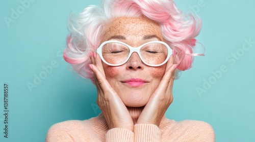 Woman with a wig and glasses is smiling. Concept of humor and playfulness