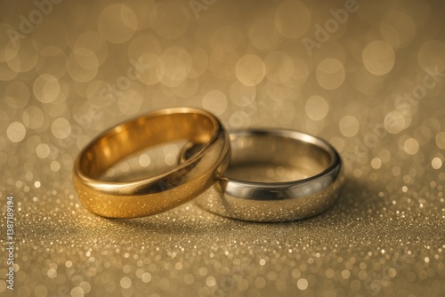 Elegant Gold and Silver Wedding Rings Beautifully Displayed on a Sparkling Ba...