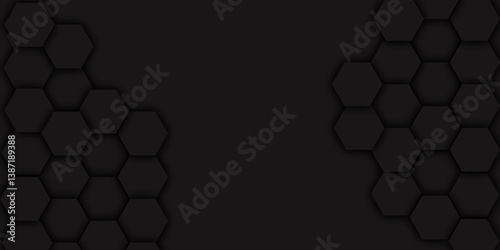 Abstract pattern with hexagonal black  and gray technology line paper background  3D Futuristic minimal honeycomb mosaic black geometric mesh cell texture.
