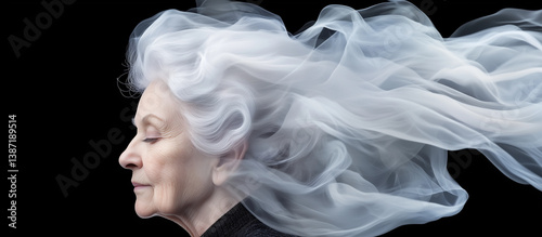Elegant elderly woman with flowing white hair on black background, symbolizing wisdom, time, and serenity