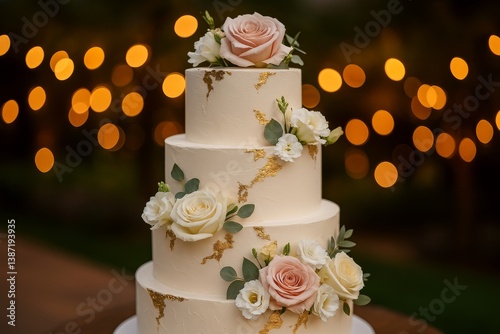 Elegant Floral Wedding Cake Adorned With Pink and White Roses at a Romantic O...