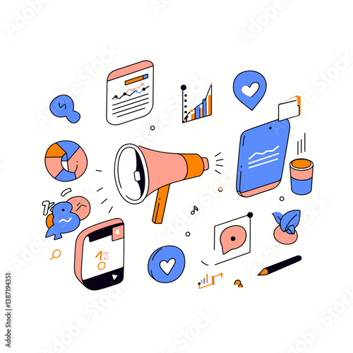 Digital Marketing and Social Media Ads	A modern vector showing a digital marketing strategy with analytics and social engagement icons, suitable for agencies and content creators.