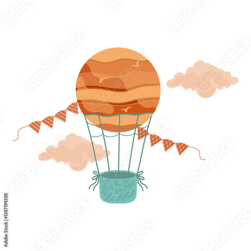 Hot air balloon vector illustration, clouds and pennants. Colorful aerostat design for cards, invitations, icons, logos