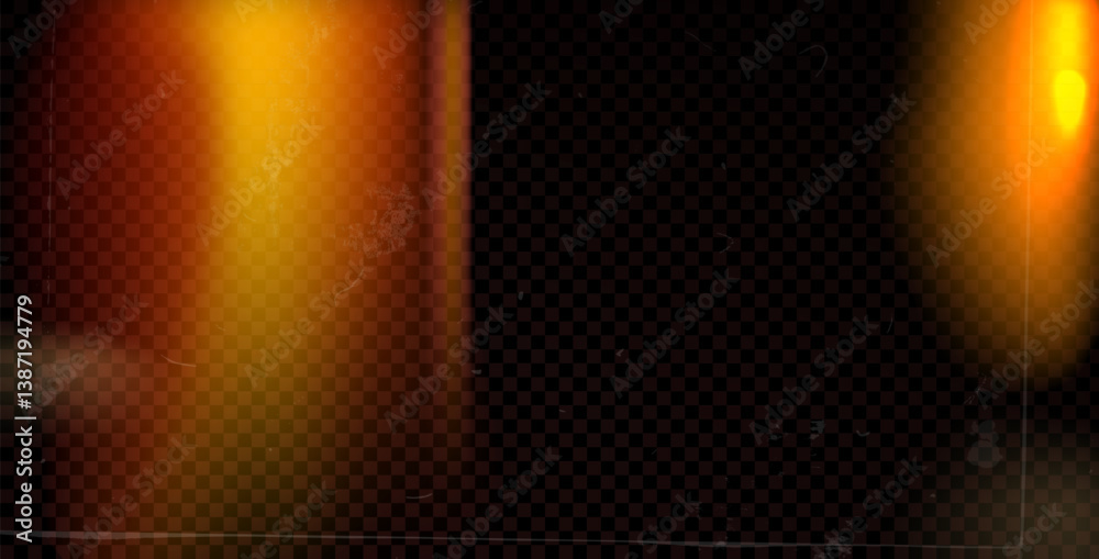 Old film light leak overlay effect with orange flare. Camera vintage film filter. Abstract retro lens flare effect background. Texture with dust and spots noise. Blur analog burnt vector backdrop.