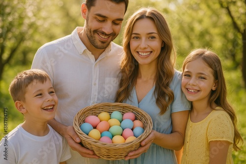 Family Enjoys an Easter Egg Hunt in a Sunny Park Surrounded by Greenery