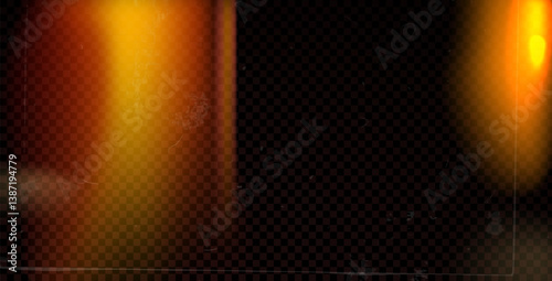 Old film light leak overlay effect with orange flare. Camera vintage film filter. Abstract retro lens flare effect background. Texture with dust and spots noise. Blur analog burnt vector backdrop.