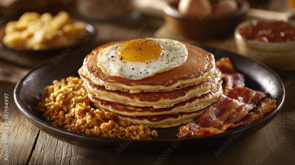 A classic American breakfast spread with pancakes, eggs, bacon, and hash browns on a rustic wooden table. Featuring warmth and indulgence A classic American breakfast spread with pancakes, eggs, bacon, and hash browns on a rustic wooden table. Featuring warmth and indulgence