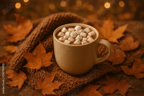 Warm Mug of Hot Chocolate With Marshmallows Surrounded by Autumn Leaves on a Cozy Blanket
