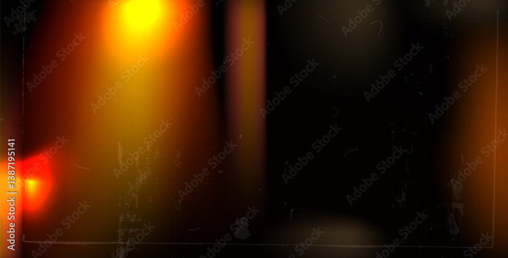 Old film light leak overlay effect with orange flare. Camera vintage film filter. Abstract retro lens flare effect background. Texture with dust and spots noise. Blur analog burnt vector backdrop.