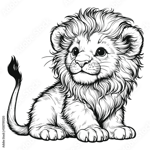 Adorable Lion Cub Sketch Sitting with Detailed Mane and Tail