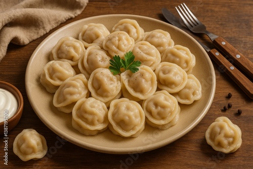 Delicious Dumplings Served on a Rustic Plate With Garnish and Side Dip at a C...
