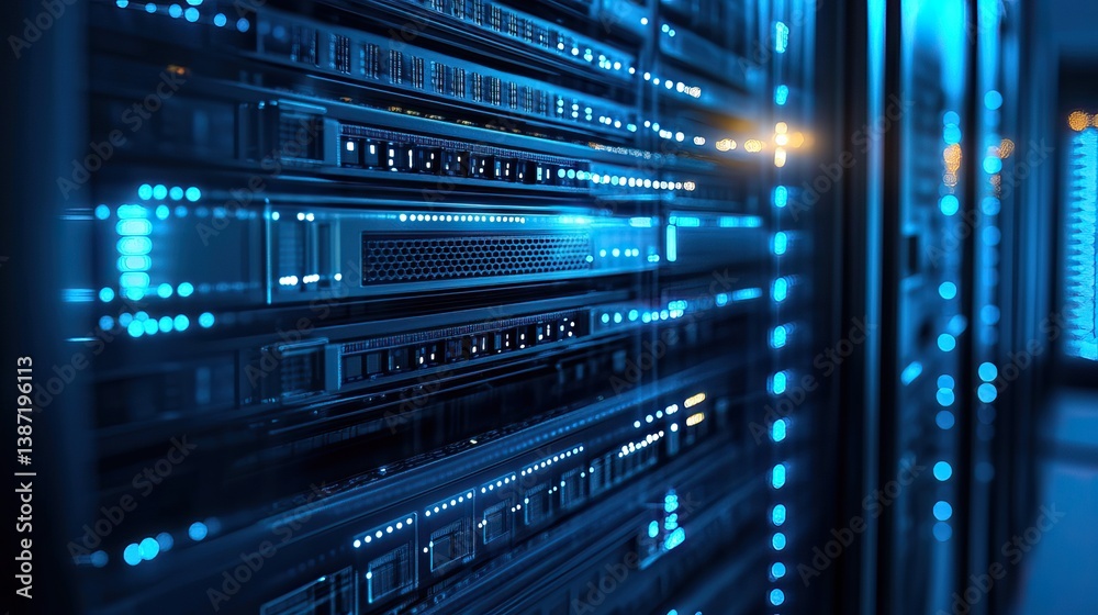 Server rack in data center, illuminated by blue light Server rack in data center, illuminated by blue light