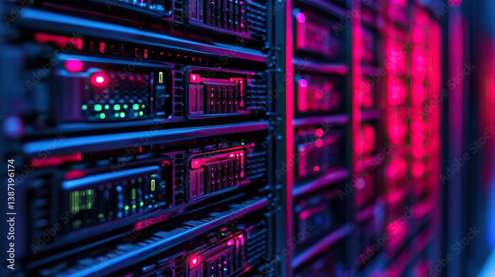 Server Rack in Data Center, Rows of Hardware, Neon Lighting Server Rack in Data Center, Rows of Hardware, Neon Lighting