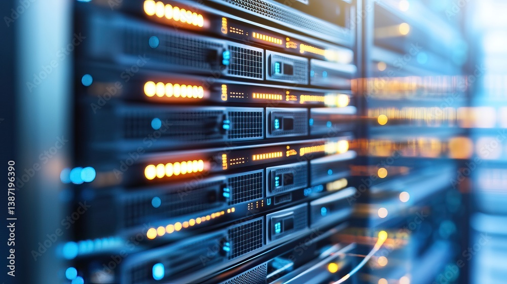 Server Rack in Data Center with Lit Components Server Rack in Data Center with Lit Components