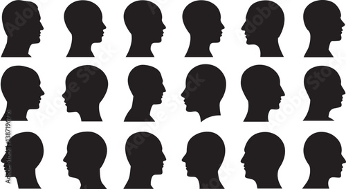 silhouettes, human profiles, side view, black and white, repeated pattern, heads, minimalist design, graphic illustration, symmetrical arrangement, identical shapes, monochrome, stylized portraits