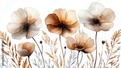 Fototapeta Naklejka Na Ścianę i Meble -  A whimsical floral pattern, featuring delicate neutral watercolor flowers against a crisp white background, perfect for adding a touch of elegance to fabrics, home decor, and wrapping paper. 