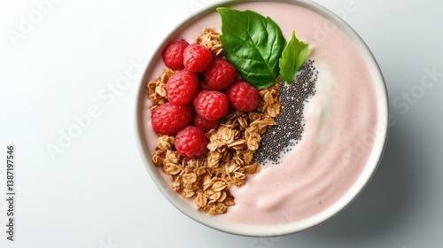 A high-resolution image shows a bowl of pink yogurt topped with granola, raspberries, chia seeds, and basil. The composition is simple and clean, with a bright, well-lit setting. The style is minimal photo