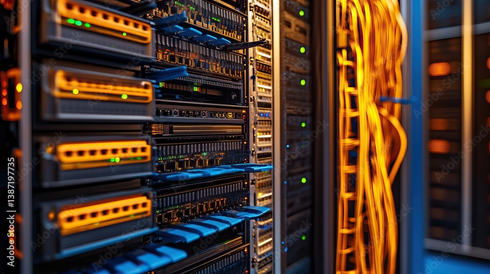 Server rack room, cables, technology, data center Server rack room, cables, technology, data center