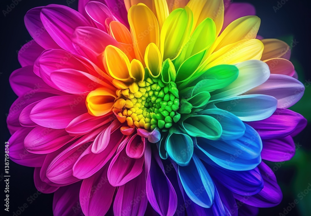 Obraz premium Vibrant Rainbow Flower Blooming Against Dark Background with Radiant Colors 