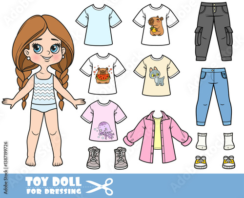 Cartoon girl and clothes separately -  costume designer with jeans and shirts with new prints of a capybara, kitten and jellyfish