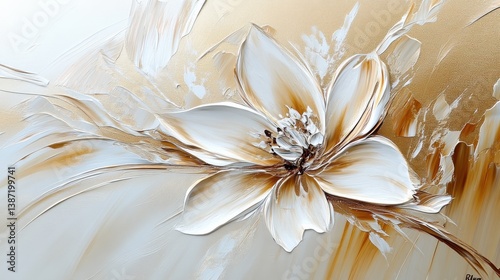 White Flower Abstract Art with Cream and Gold Accent Colors