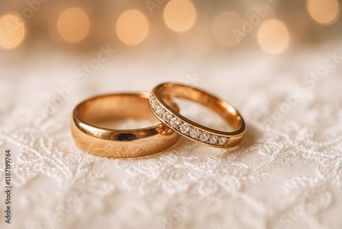 Elegant Golden Wedding Rings With Diamonds on Lace Fabric During a Romantic C...