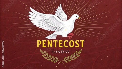 Pentecost sunday banner with dove in flame. Invitation the christian service of pentecost with Holy Spirit and text.