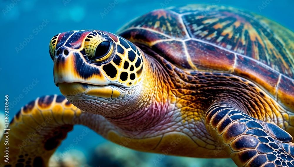 Fototapeta premium Sea Turtle Closeup Vibrant Patterned Swimming Underwater