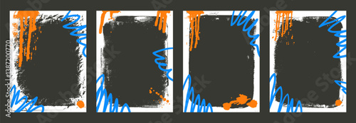 Grunge white blank sticker set. Frame creative templates with graffiti art. Mockup backgrounds for photo and text. Border box with airbrush lines. Vector banner overlay frameworks with retro texture.