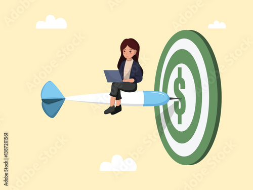 Businesswoman Sitting on Dart Flying Toward Dollar Target While Working on Laptop Representing Financial Goals, Investment Strategy, and Remote Success.