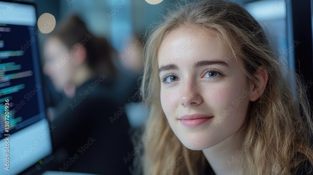 Young woman focused on computer coding Young woman focused on computer coding
