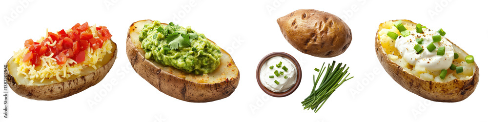 Four baked potatoes with cheese, guacamole, chives and sour cream. Four baked potatoes with cheese, guacamole, chives and sour cream.