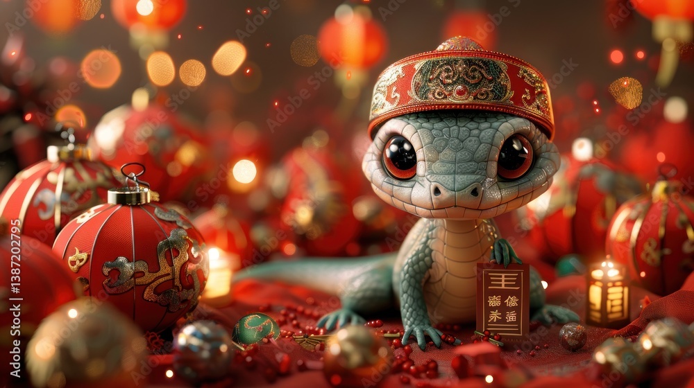 Cute lizard in Chinese New Year festive scene Cute lizard in Chinese New Year festive scene
