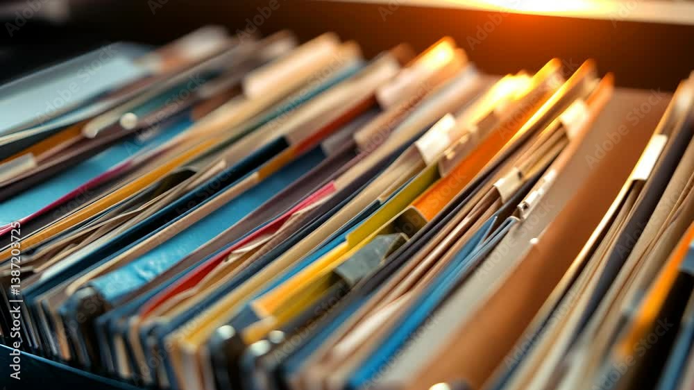 Close-up of organized files in a drawer with multicolored folders and tabs for managing paperwork in office setting