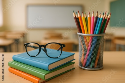 Classroom Setup With Books, Glasses, and Colorful Pencils in a Learning Envir...
