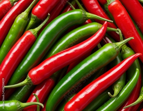 Fresh red and green chili peppers mixed together are visible from above. This spicy Mexican seasoning serves as an important ingredient.