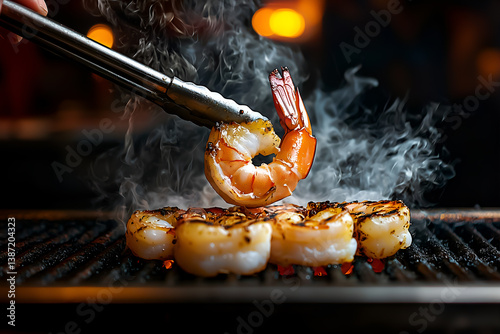 Close-up of a single shrimp being flipped on a grill using tongs, grill marks visible, slight flames licking the sides, with a softly blurred background to emphasize the action