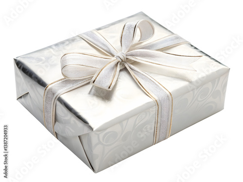 Silver Gift Box with White Ribbon, on Transparent Background
