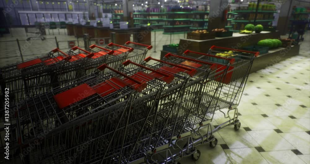 Rows of shopping carts are neatly arranged near the entrance of a bright grocery store. Shelves filled with fresh produce and various products dominate the interior.