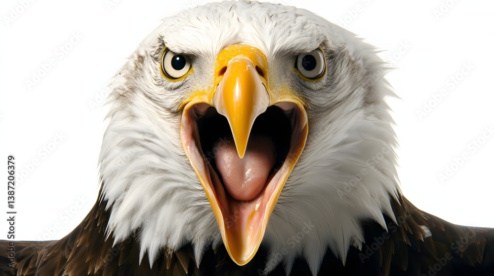 Obraz premium Close-Up Portrait of a Bald Eagle Screaming with Powerful Expression Against a White Background