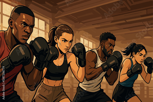 Diverse Group Training Boxing Techniques with Focus and Energy