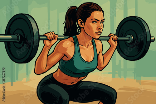 Focused Woman Performing Barbell Squats with Strength and Control