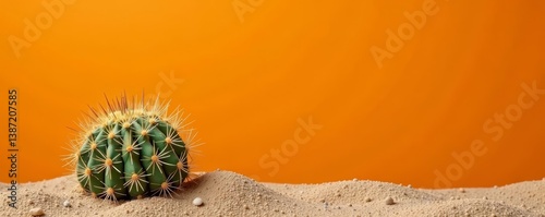 Close up of a spiny desert plant on a vibrant orange wall, prickly pear, cacti, arid