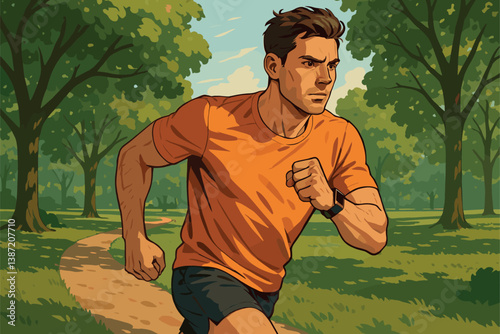 Focused Male Runner Training with Tracker in Scenic Park
